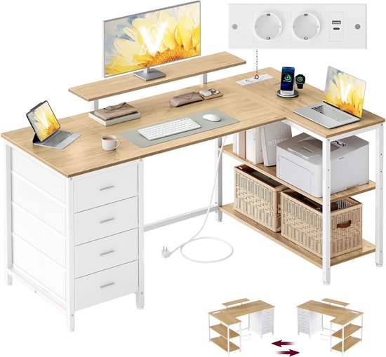 VASAGLE L-vormig hoekbureau met stopcontacten, gaming-bureau, omkeerbare lay-out, verstelbare planken, 4 laden, 2 USB-poorten, werkbureau, 140 x 80 cm, natuurlijk eiken
