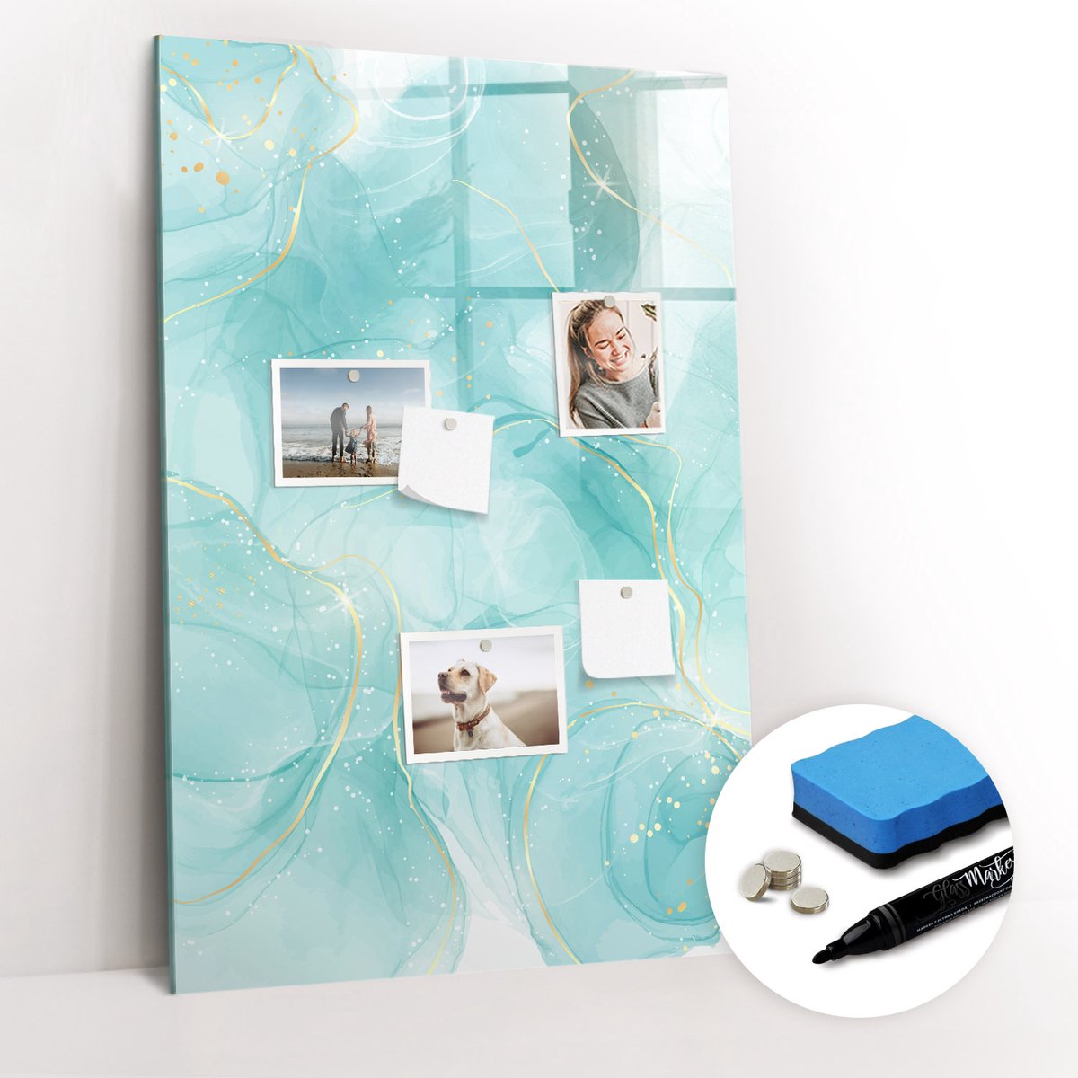 Tulup Whitebord - Abstract geaderd marmer - 60 x 90 cm - Turkoois Magnetisch Memobord - Gratis 5 Sterke Magneten + Whiteboard Marker & Wisser - Minimalistisch Prikbord - Magnetisch Bord - Notitiebord Werkplek