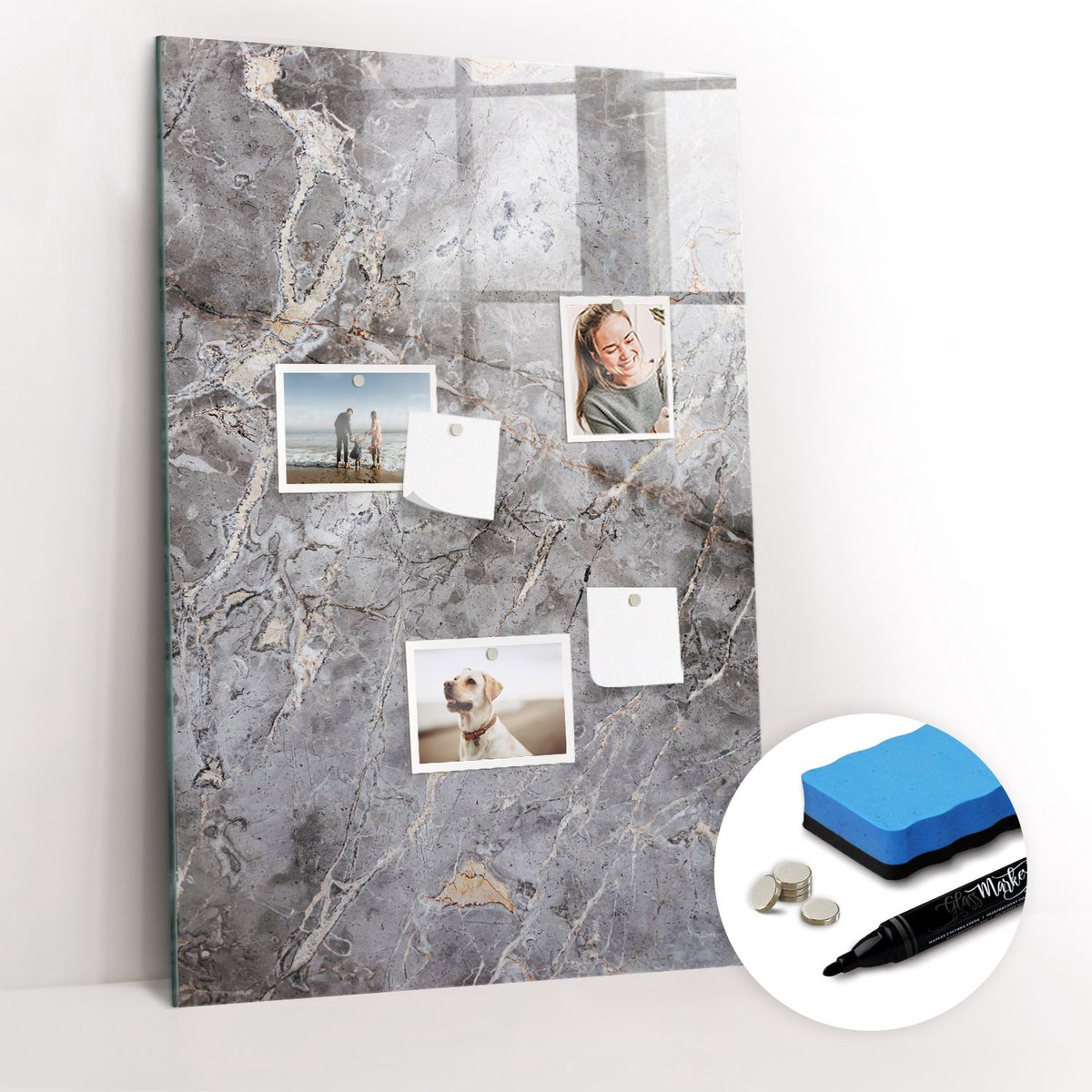 Tulup Whitebord - Donker marmer - 60 x 90 cm - Grijs Memobord Glas - Gratis 5 Sterke Magneten + Whiteboard Marker & Wisser - Wanddecoratie Kantoor - Magneetbord Keuken - Productiviteit Tools