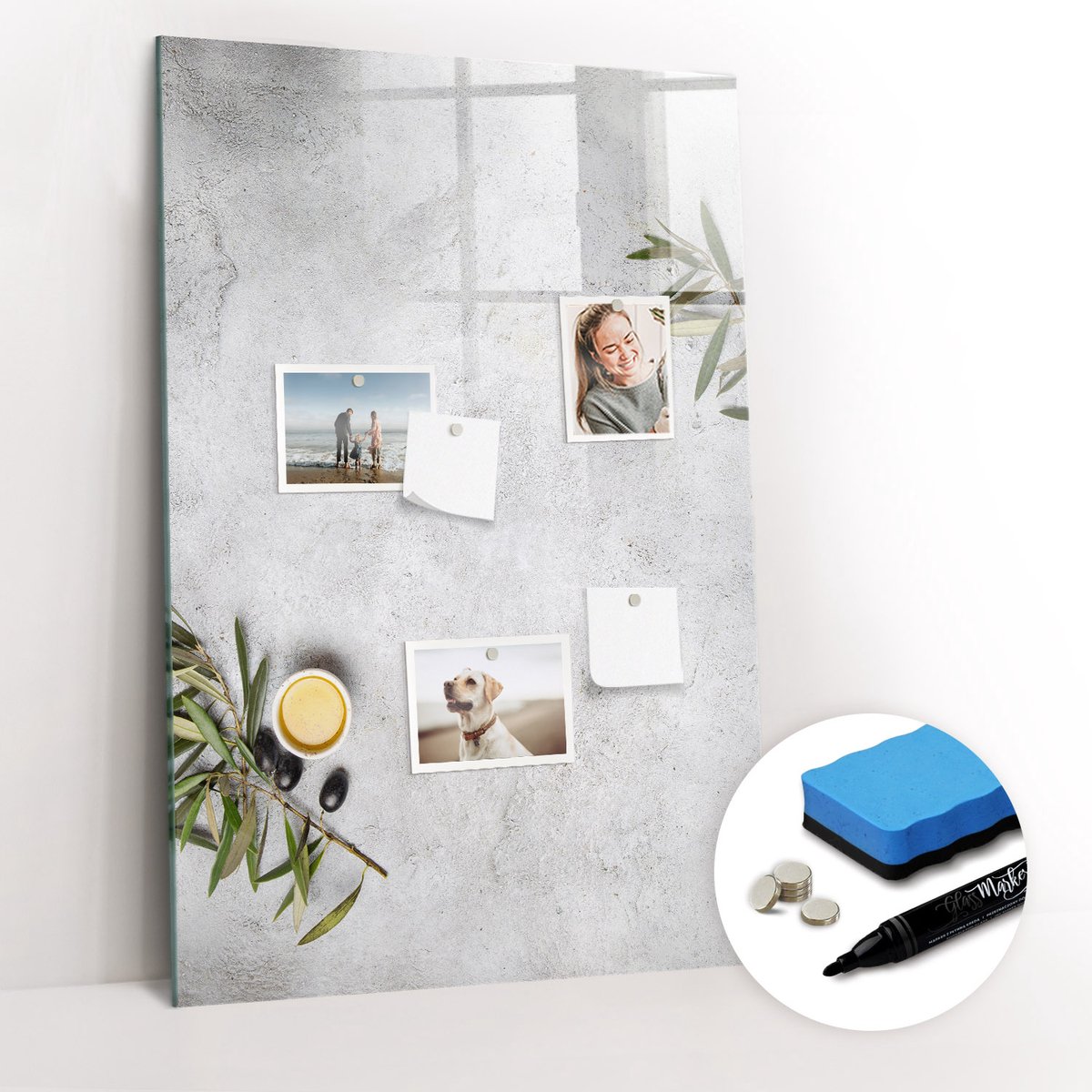 Tulup Whitebord - Beton en olijven - 60 x 90 cm - Grijs Foto Magneetbord - Gratis 5 Sterke Magneten + Whiteboard Marker & Wisser - Interieur Accessoires Kantoor - Magnetic Board - Ideeënbord Thuiswerkplek