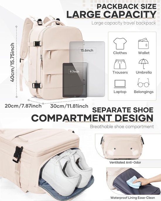 Reis Rugzak - Handbagage Tas - Ruimte Besparen - Vacuüm Compressie Systeem - 40x30x20 cm - Zwart — afbeelding 4