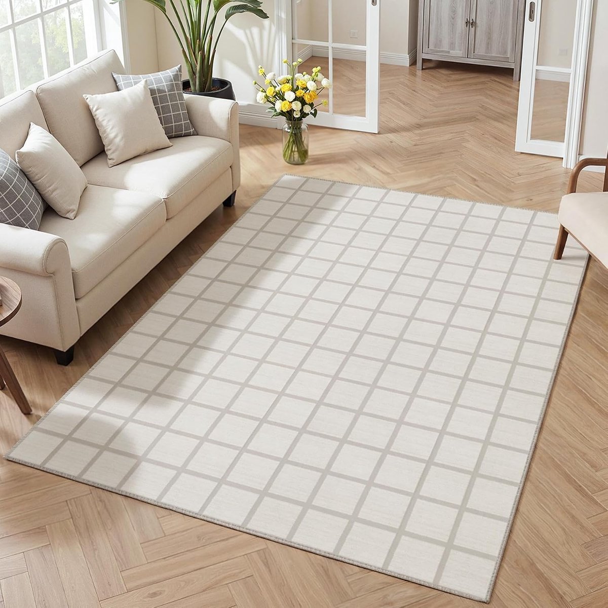 Tribesigns Vloerkleed – Zacht & Wasbaar Vloerkleed – rasterpatroon – Modern geruit kortpolig vloerkleed– Voor Slaapkamer of Woonkamer – crème, 160 x 230 cm