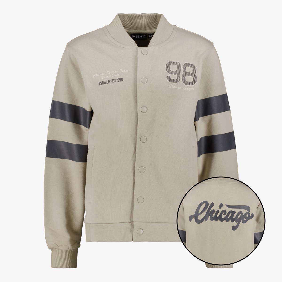 Unsigned jongens baseball vest met backprint beige - Maat 134/140