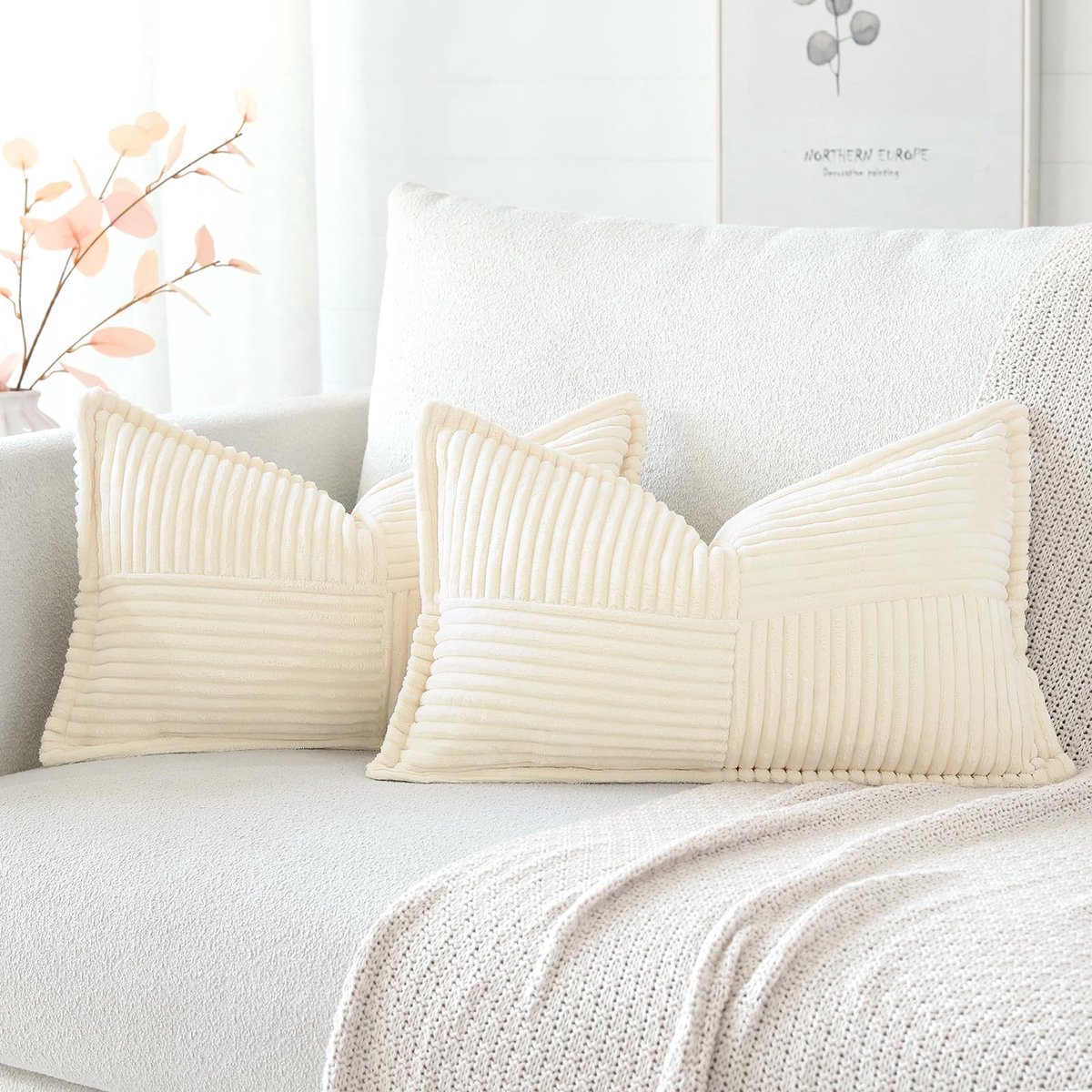 Set van 2 fluwelen kussenhoezen, zachte decoratieve kussenhoezen, moderne kussenovertrekken met omwikkelde rand, sofakussens voor woonkamer en slaapkamer, crème beige, 40 x 60 cm