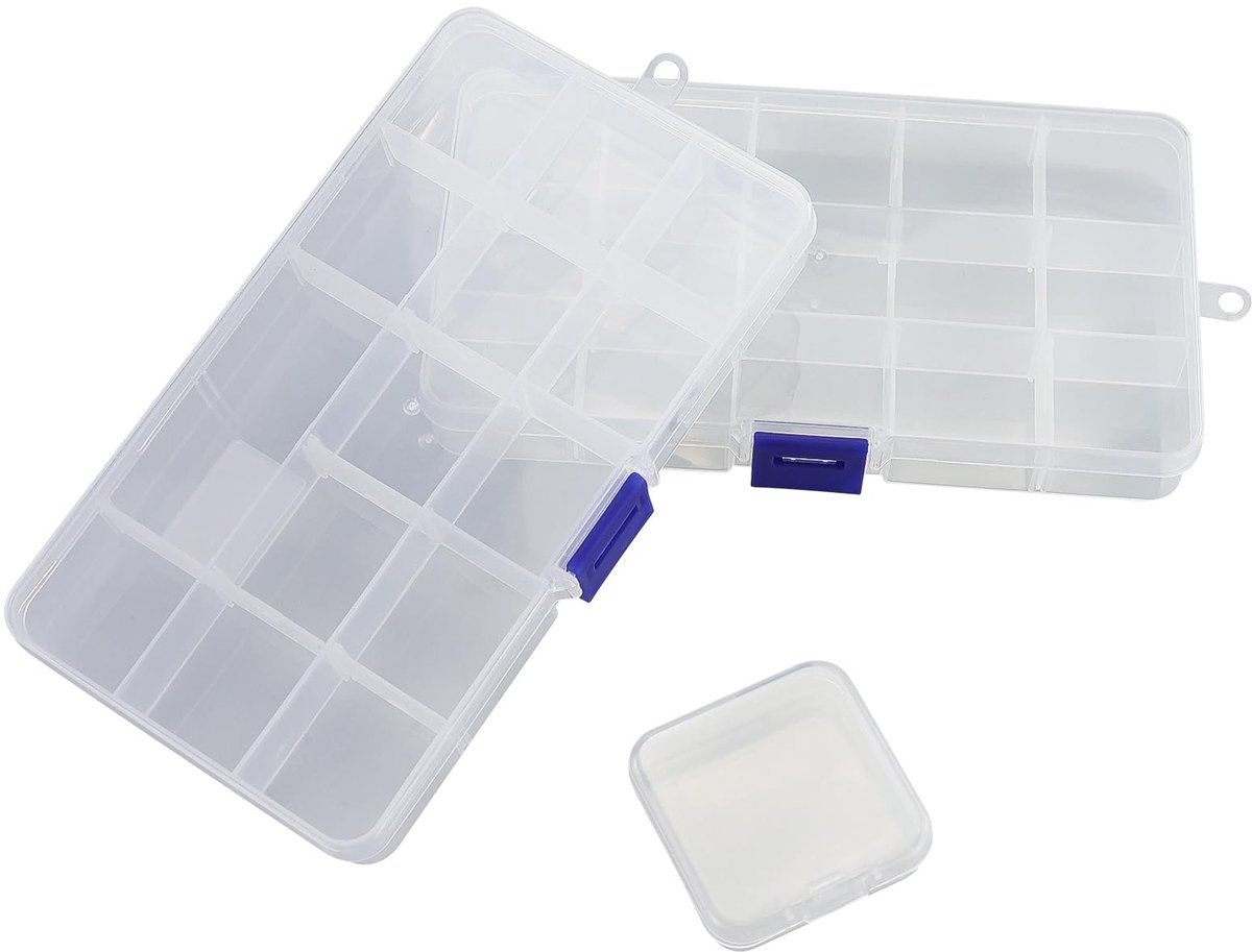 2 stuks rechthoekige kunststof sorteerdozen met 1 stuks kleine vierkante opbergdozen, transparante sorteerdoos, sieradenorganisatiedoos voor sieraden, oorbellen, kleine onderdelen (transparant)