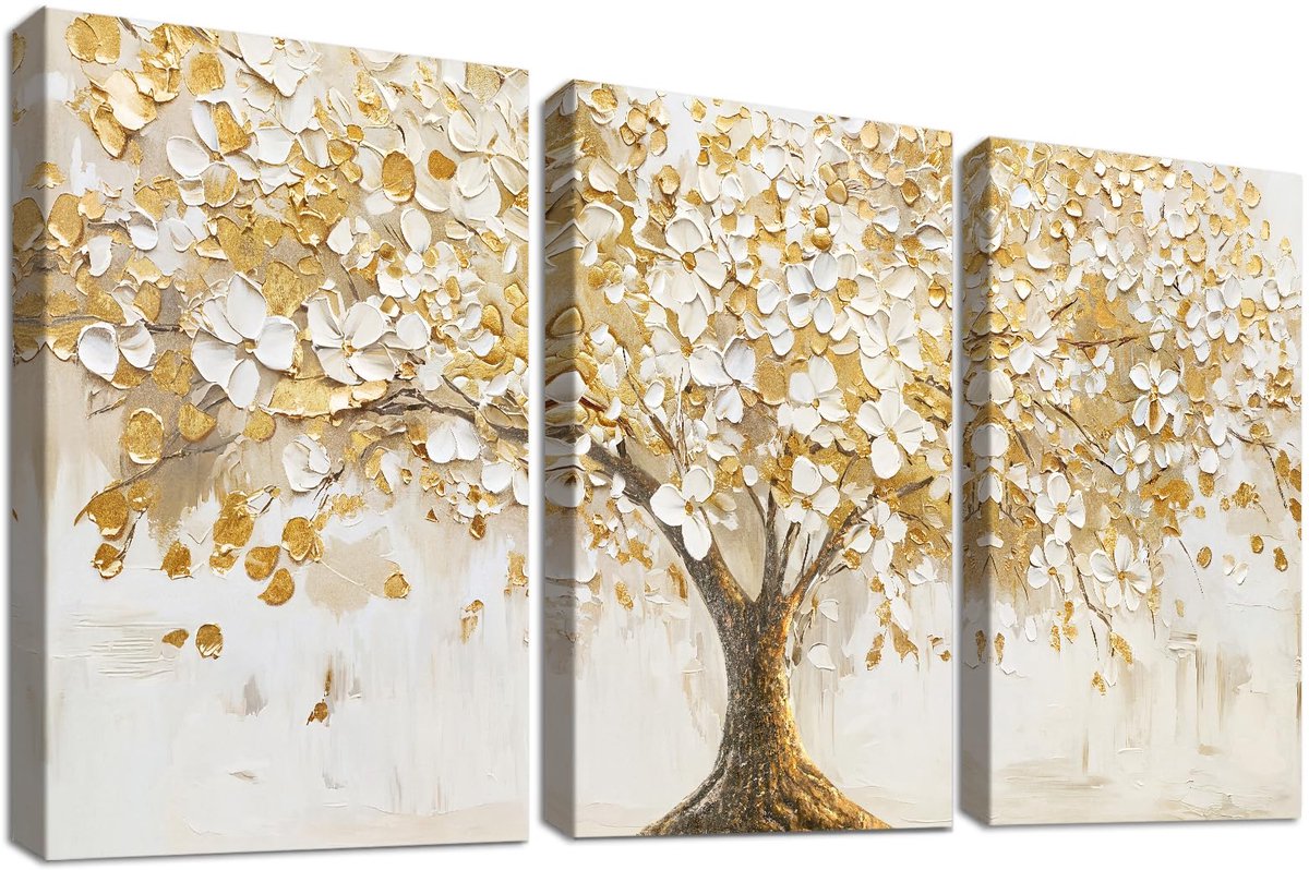 Canvas afdrukken met frame witte bloemen gouden bladeren boom abstracte levensboom in bloem canvas foto's moderne foto's woonkamer slaapkamer wanddecoratie 50 x 70 cm x 3 stuks