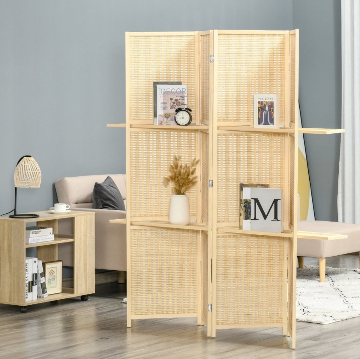 MEUNIQ Kamerscherm van bamboe, 4-delig, vouwbaar, met 2 planken en metalen scharnieren, naturel hout, voor woonkamer of slaapkamer