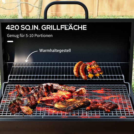 Houtskoolbarbecue - Rookoven - Tuinbarbecue - Buitenbarbecue - Met deksel, thermometer, wielen en handvat, mobiel te gebruiken - Metaal - 95×71,5×102 cm - Voor tuinfeesten, kamperen en buitenkoken - Zwart — afbeelding 2