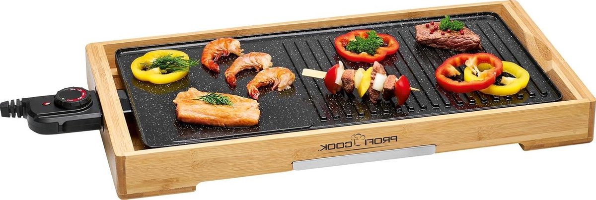 Elektrische Grillplaat Teppanyaki Grill Gezond Eten Bamboe Frame 51 x 25 cm Hout Zwart