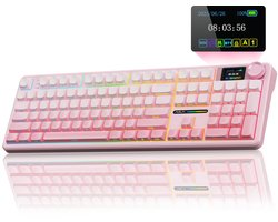 AULA F108 PRO Draadloos Mechanisch Toetsenbord - Met Scherm En Knop - Volledig Formaat Met 8000mAh Batterij - Vooraf Gesmeerde Schakelaars - Zijbedrukte PBT-Toetskappen - RGB-Achtergrondverlichting Hot-Swappable - Roze
