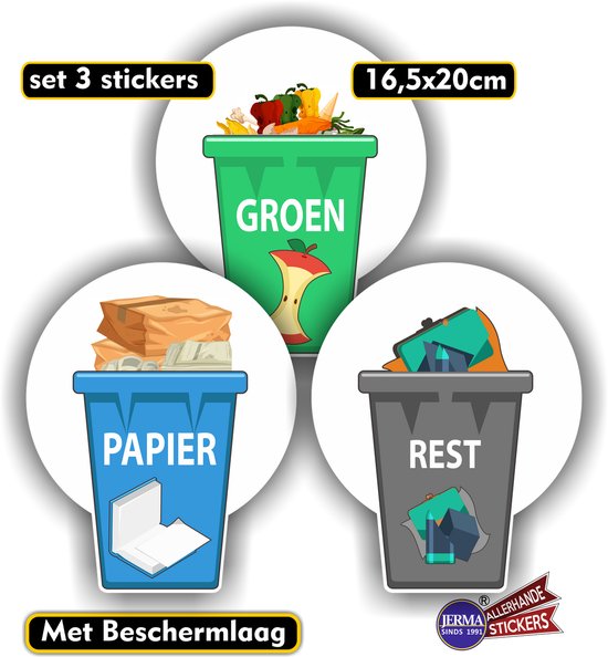 Jerma - Recycling - Stickers - Kliko – 3 St - 16.5x25 cm - Zelfklevend - Vinyl - Weerbestendig