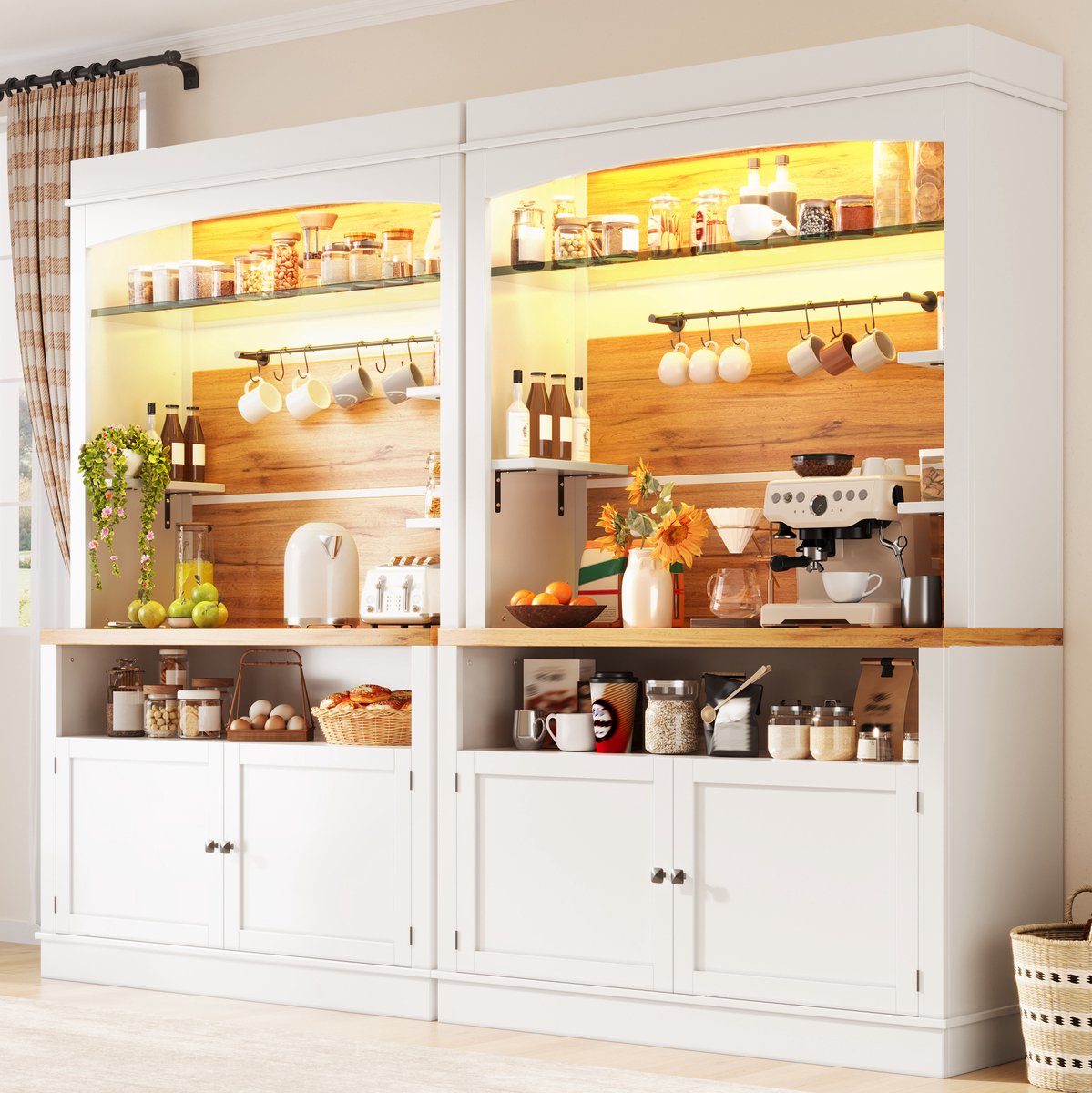 MIVRAY Buffetkast - 2-Delige Opbergkast Met Ledverlichting En Glasplank - Voor Keuken En Eetkamer - MDF En Metaal - Wit - 107x34x184 Cm