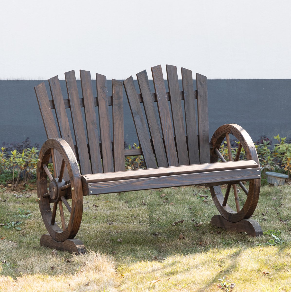 MEUNIQ tuinbank 2-zits 108 x 66 x 95 cm met armleuningen en gebogen rugleuning voor tuin en terras, houten zitbank in donkerbruin met rustieke uitstraling