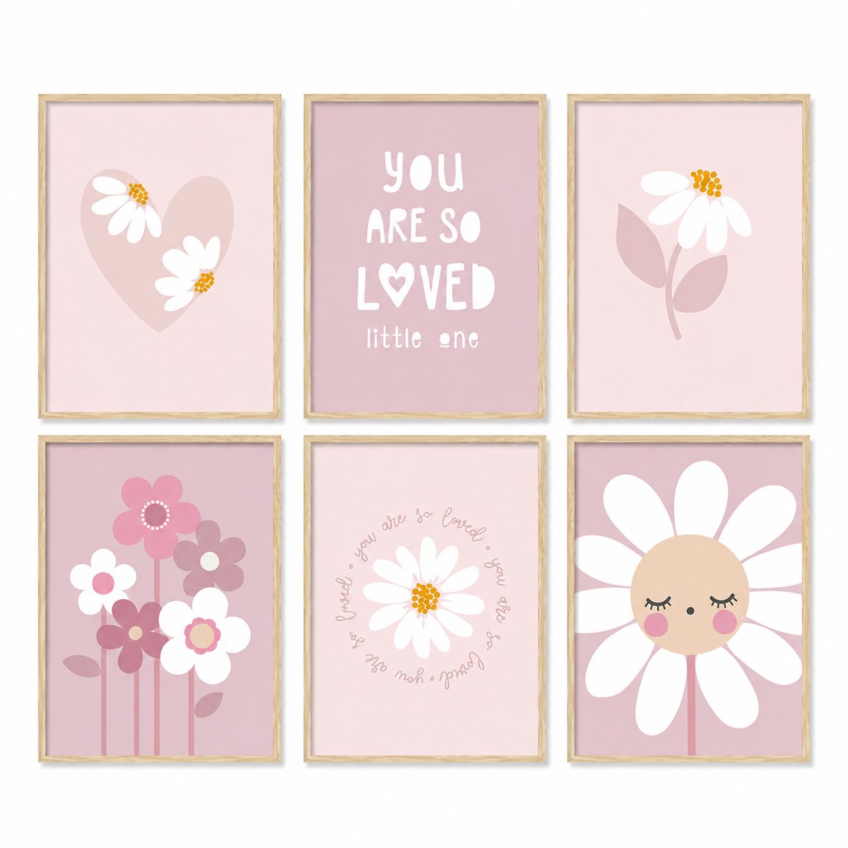 Wanddecoratie 25 x 20 cm - 6-delig - Bloemen - Hartjes - Roze - Poster - Meisje - Meisjeskamer - Babykamer - Wandkunst