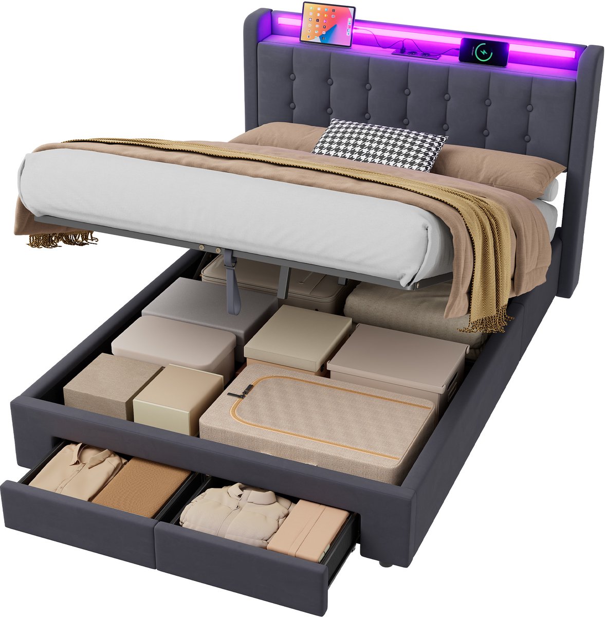 MODFU Tienerbed met Opbergruimte 140x190 cm – Hydraulisch systeem & lades – RGB LED & USB – Fluweel grijs – Gamekamer