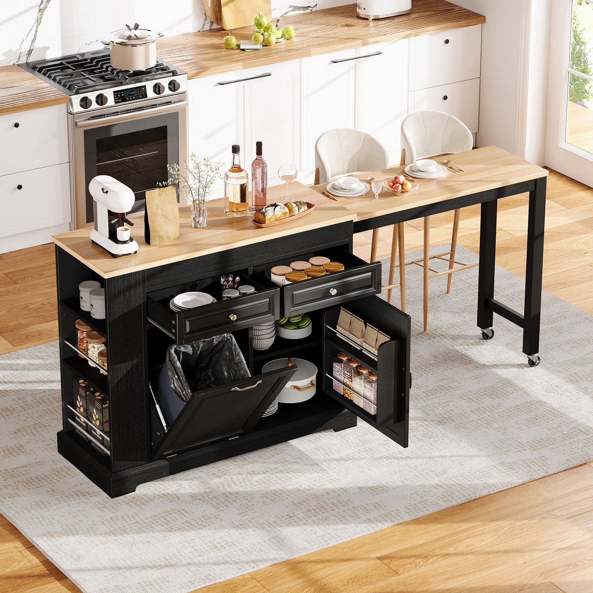 Sweiko Dressoir - Keukeneiland - Uitschuifbare bartafel - Met wieltjes - Met afvalbakvak - 2 lades - Zwart + Natuurlijk