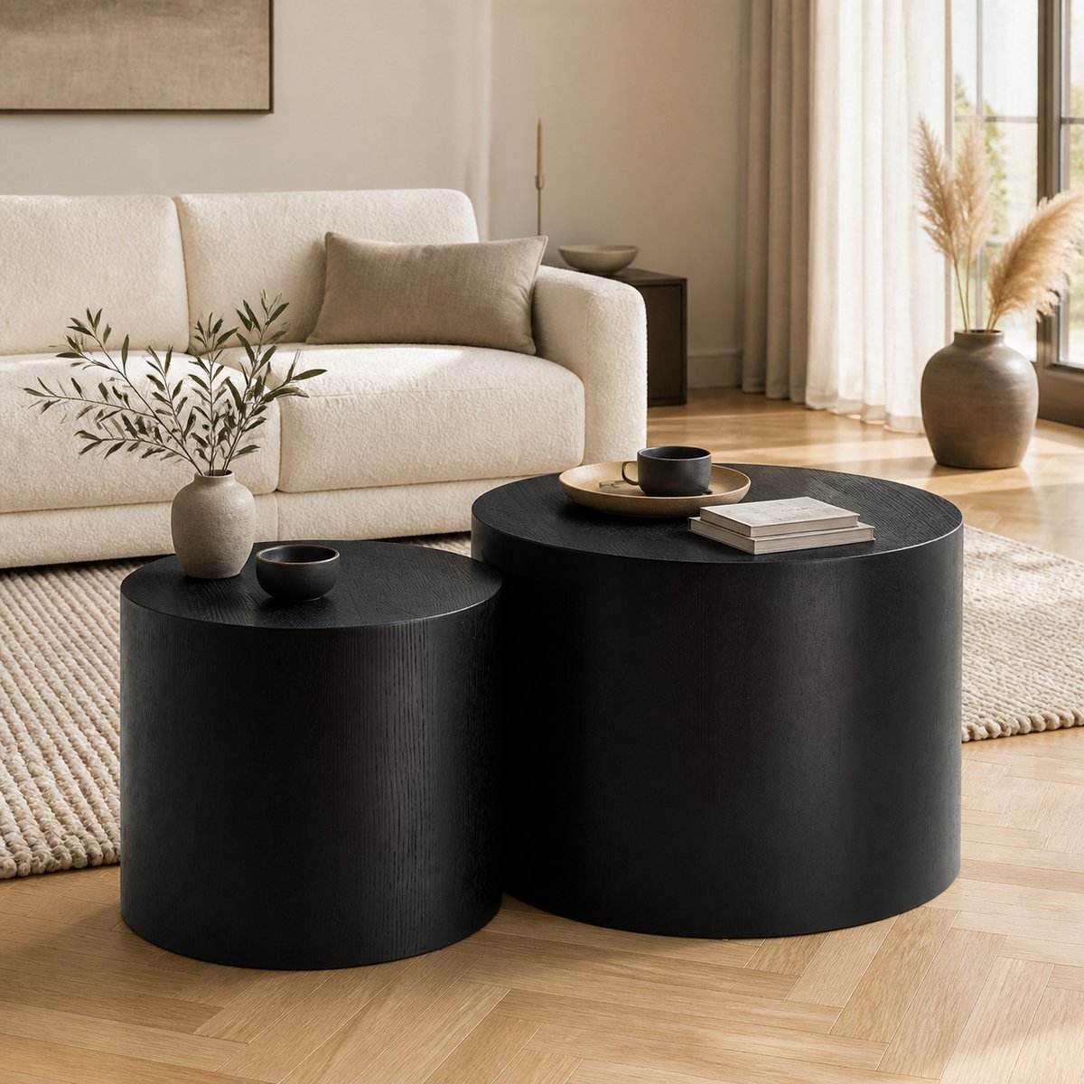 KOMHTOM - Set van 2 ronde nesttafels - waterafstotend & kromtrekvrij - essenhout naturel / zwart / walnoot - ruimtebesparend - geen montage nodig - Ø48x38 + Ø38x32 cm