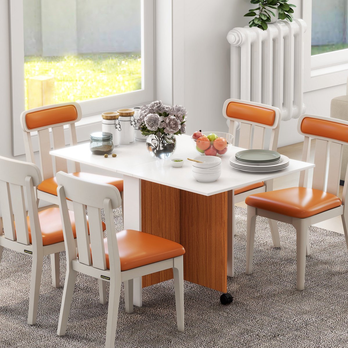 MEUNIQ klaptafel eettafel 120 x 80 x 73 cm opklapbaar met wielen, uitklapbare tafel voor keuken en eetkamer, wit met eikenlook onderstel