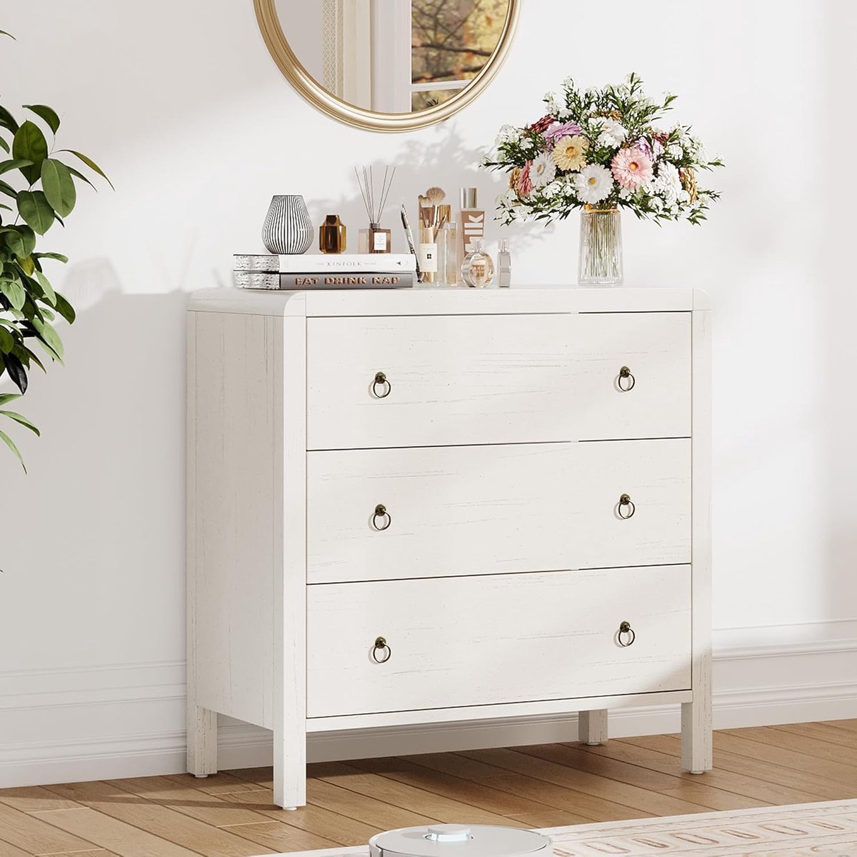 Moderne ladekast - Ladekast van natuurlijk rotan met 3 lades - Grote opbergruimte - Metalen ringgrepen - Afgeronde hoeken - - Slaapkamer, woonkamer, hal, babykamer - 77×76×40cm - Antiekwit