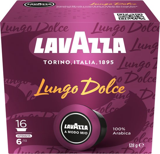 Lavazza Lungo Dolce koffiecups, 16 stuks. Paarse verpakking met witte en gele tekst. Eén koffiecup op de voorgrond.