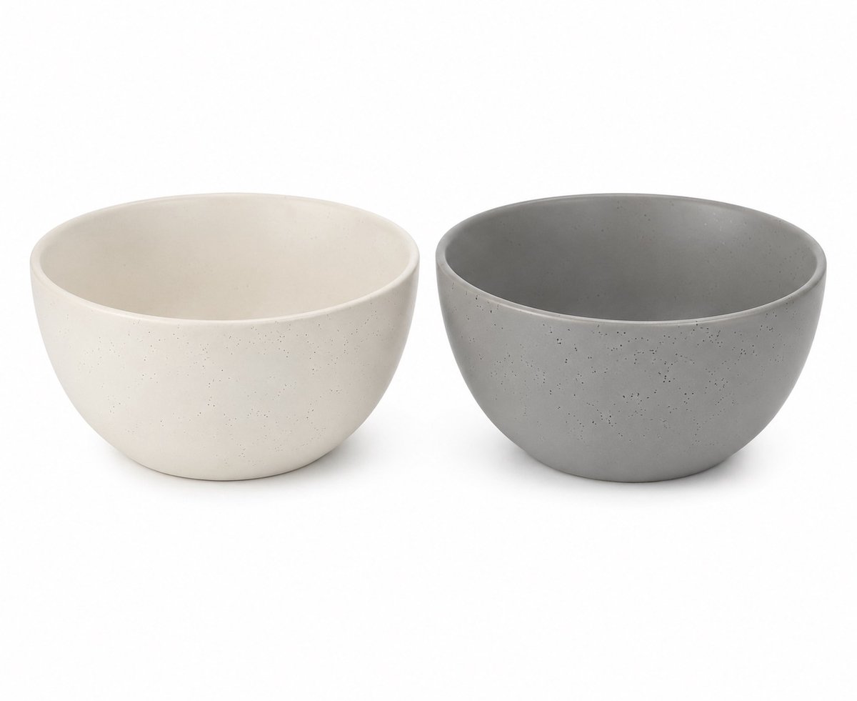 Schaal rond 13.5 cm van porselein inhoud 630ml set van 2 wit en grijs