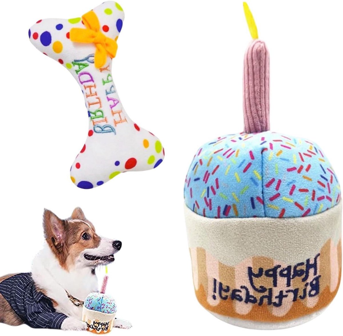 Honden Speelgoed Set - Hondenspeeltjes Verjaardag - Hond Plezier - Duurzaam Pluche Materiaal - 10 x 10 x 20 cm