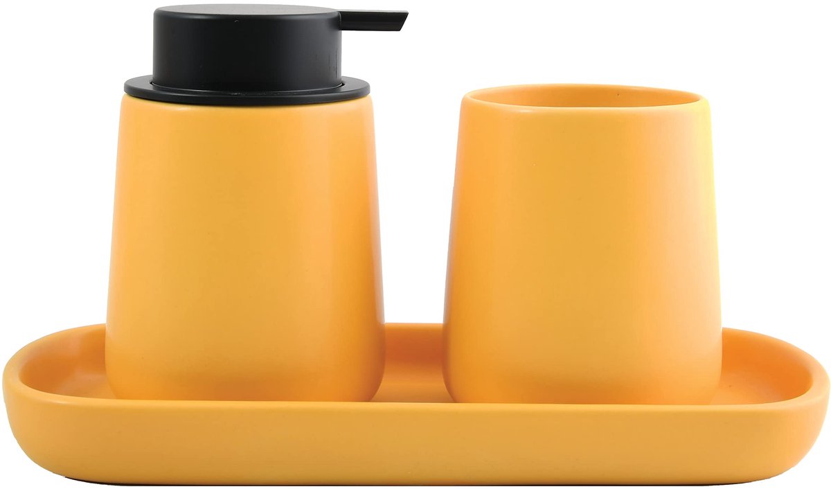 Badkamerset, 3-delige badkameraccessoires van keramiek Maonie zeepdispenser, badplank voor sieraden en tandenborstelbeker saffraan geel