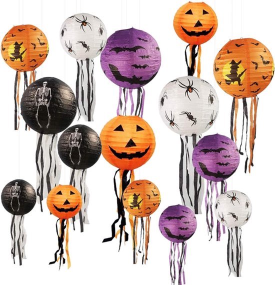 Pakket van 15 Halloween-pompoenen papieren lantaarns - Jack-O-Lantern met koord - Halloweenfeest - Bruiloft - Tuin - Slaapkamer - Bar - binnen- en buiten decoratie - 3 maten