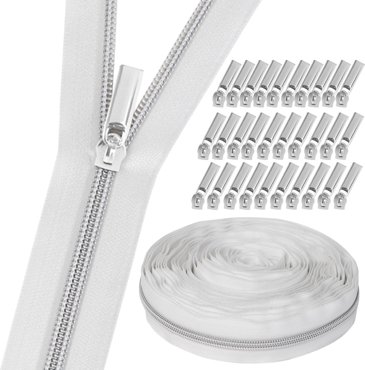9 m ritssluiting per meter, met 30 stuks accessoires voor handwerk (zilver, wit)