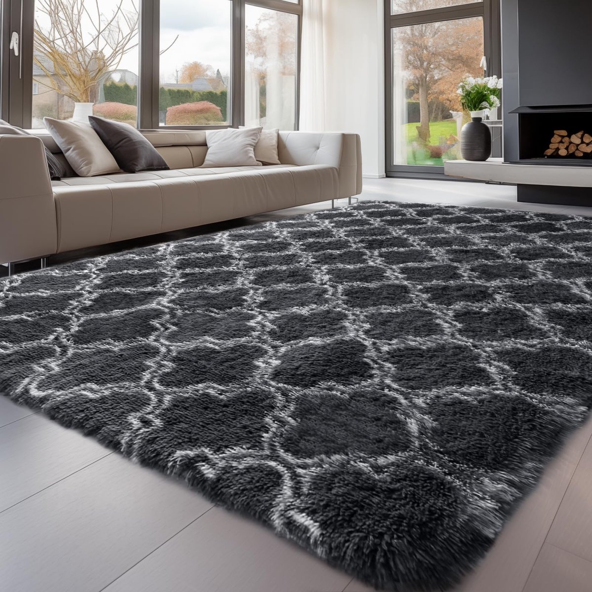 Lemon Hoogpolig tapijt 160x230cm, Donker ruitgrijs, tapijt, woonkamer,wasbaar, antislip, extra groot, slaapkamer, pluizige moderne tapijten, mat tapijten voor slaapkamer en kinderkamer