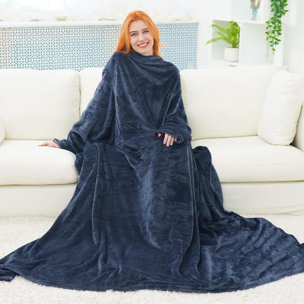 Knuffeldeken met mouwen - Zachte plaid - Gezellig thuis - Coral fleece - 170x200 cm - Blauw