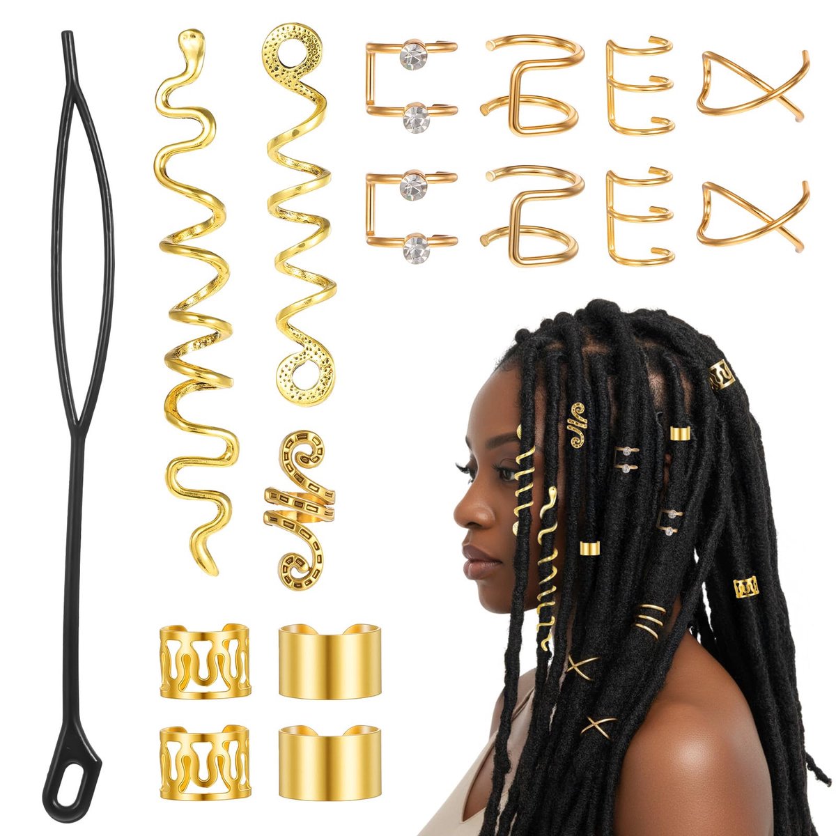 15 stuks gouden haarkralen, sieraden, metalen kralen voor haar, verschillende stijlen, gouden haarbedels voor vlechten, dreadlocks, accessoires voor vrouwen en mannen
