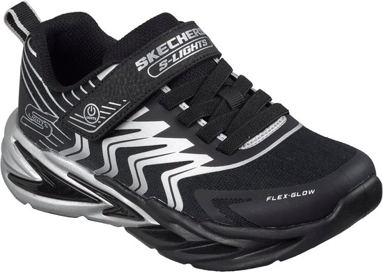 Zwarte Skechers S-Lights sneaker met zilveren details, klittenband en 'Flex-Glow' branding.