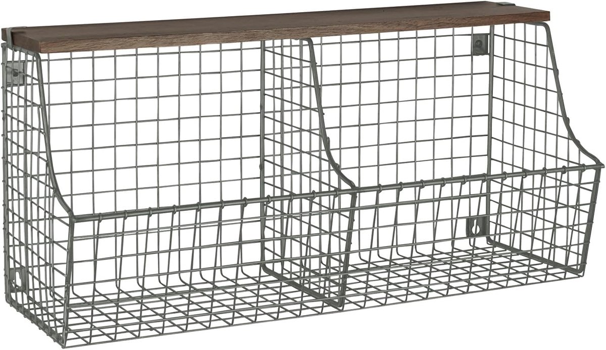 Diversified Vintage dubbele bak met houten opslag wandgemonteerde draadmand en houten plank, boerderijstijl entree opslag en organisatie, industrieel grijs