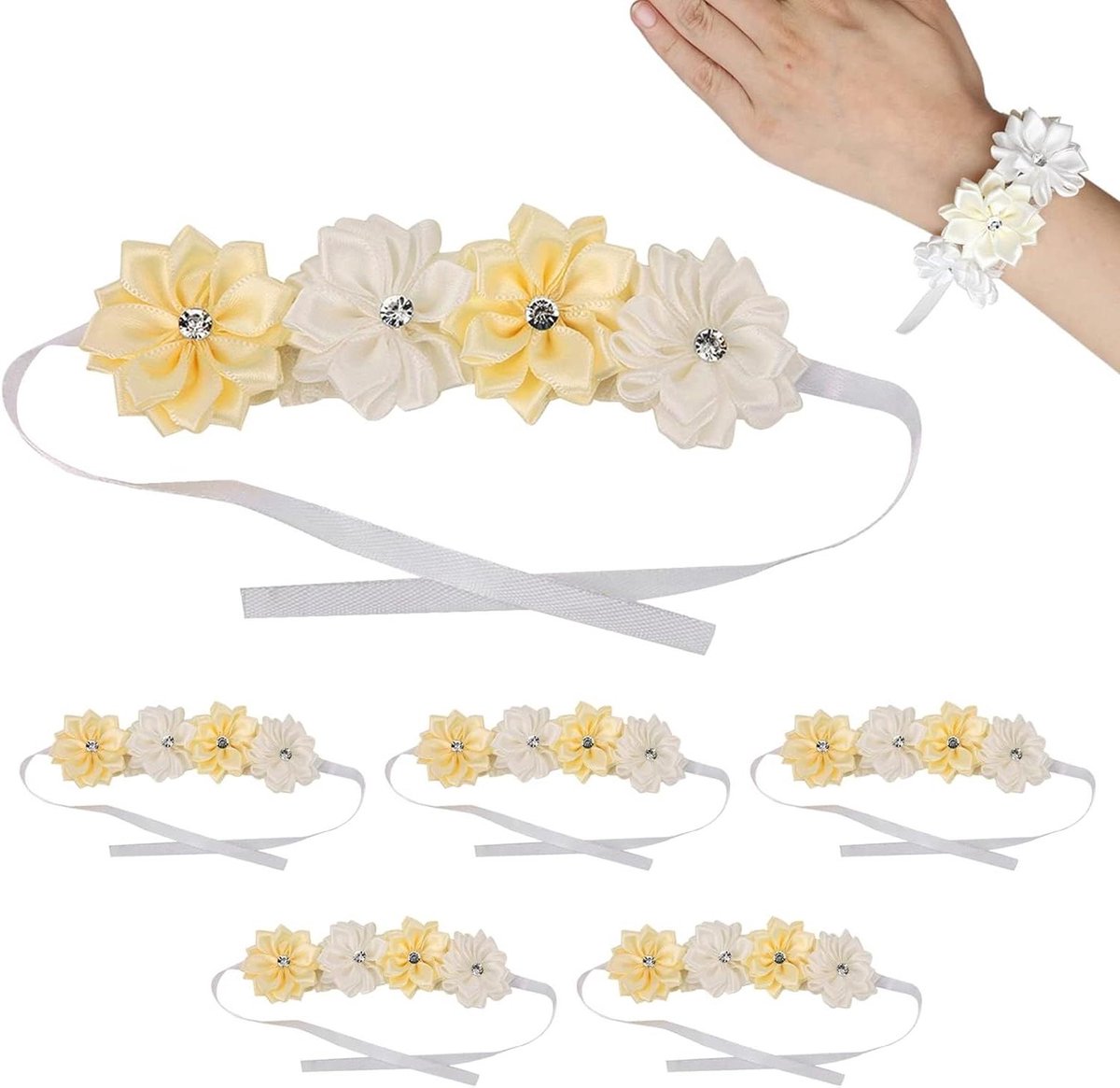 Pols corsage - Armbloem lint - Bruiloft decoratie - Verstelbare lintsluiting - 6 stuks - Wit