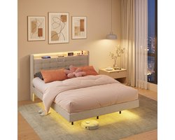 Bealife BF30 Tweepersoonsbed - 140 x 200 cm - Gestoffeerd bed - Jongerenbed - Zwevend Design - met LED-verlichting - Stopcontacten, USB & Type-C - Hoofdbord met Opbergruimte - Beige