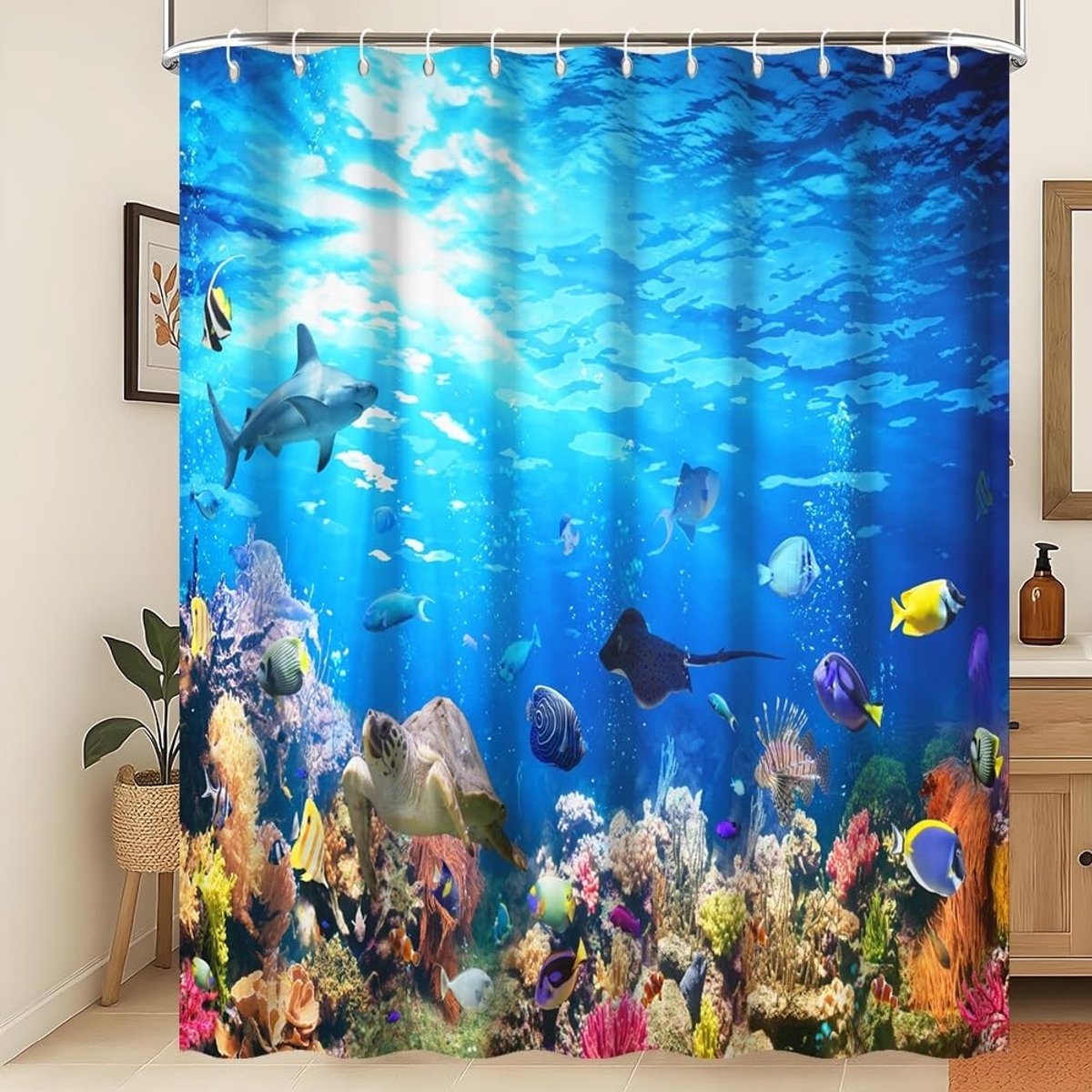 Douchegordijn 3D Onder De Zee Oceaan Dieren Badkamer Gordijn Oceaan Onderwater Vissen Dolfijn Schildpad Haai Wasbare Douchegordijn Schimmel- En Schimmelbestendige Stof 180x200cm