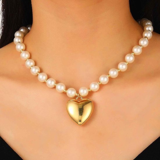 Halsketting met parels, hart, dik, met gouden parels, vintage parelketting, puffy, liefde, parelketting, sieraden voor vrouwen — afbeelding 5
