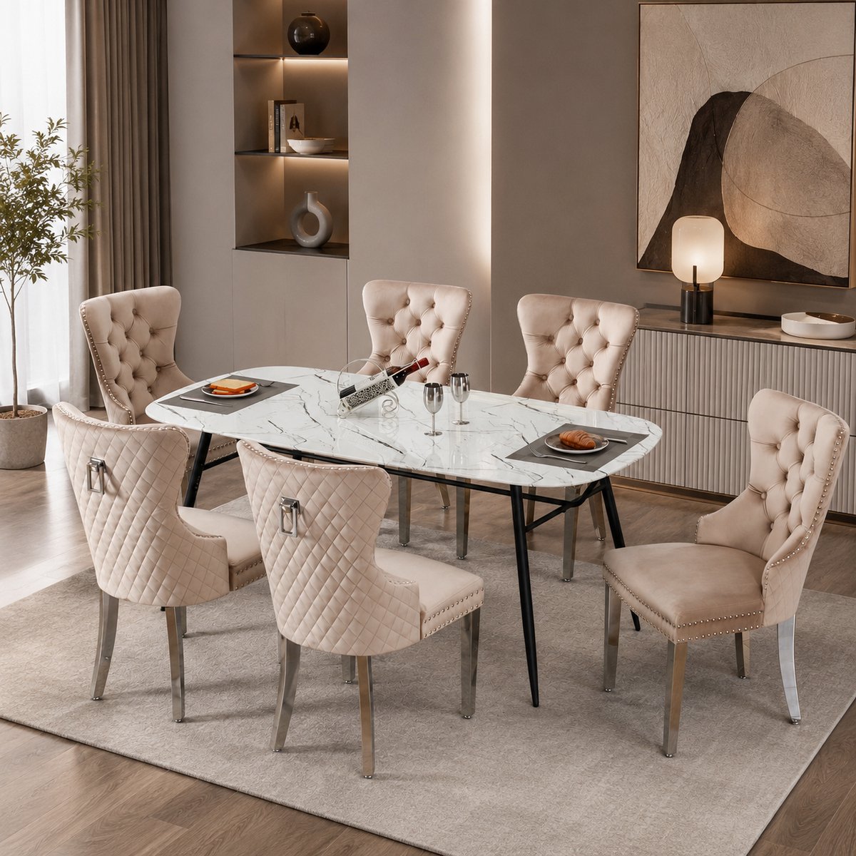 Welltin Eetkamerstoelen - Set Van 6 - Gestoffeerde eetkamerstoel - Eettafelstoel - Eetkamerstoelen - Met rugleuning - Fluweel - Metalen stoelpoten - Middeleeuwse Stijl - Beige