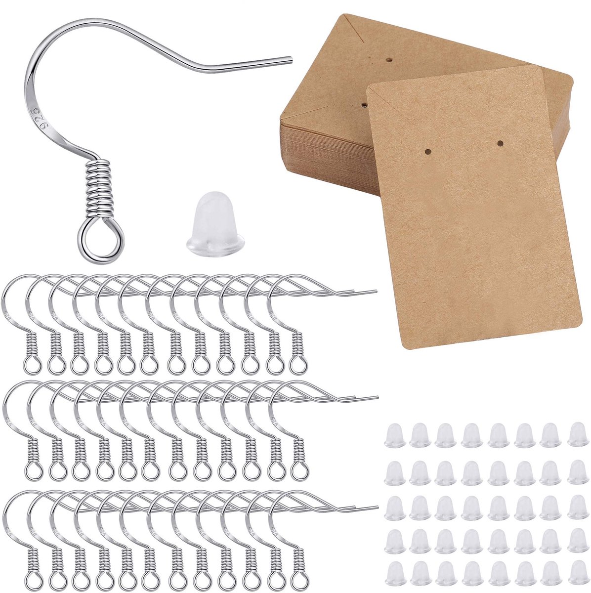 knutselen accessoires oorhaken zilver 925 oorhaak met stoppers en oorbelhouder kaarten voor reparatie van oorbellen, doe-het-zelf oorbellen sieraden maken 250 stuks
