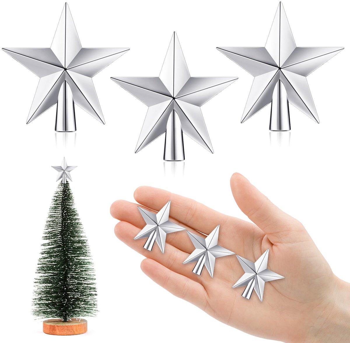 Kerstboomtop Klein, 3 stuks kerstboomtop Klein, Kleine kerstboom ster top, Mini boomtop Kerstmis voor kleine kerstboom decoratie (4,5 cm-Glansafwerking: Zilver)