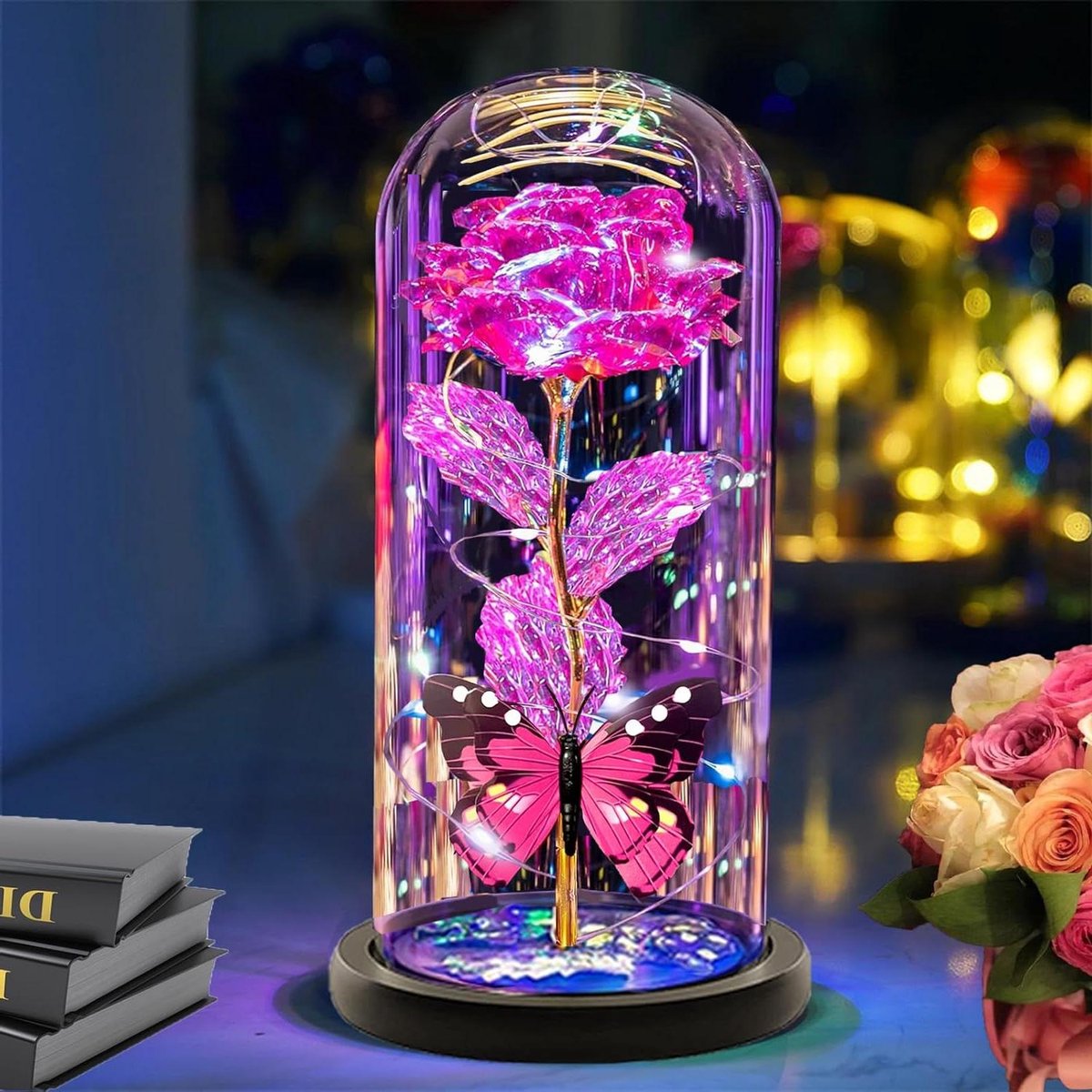 Glazen Roos - Eeuwige Bloem - Cadeau Geven - Met Licht - 21.5 cm Hoog - Roze