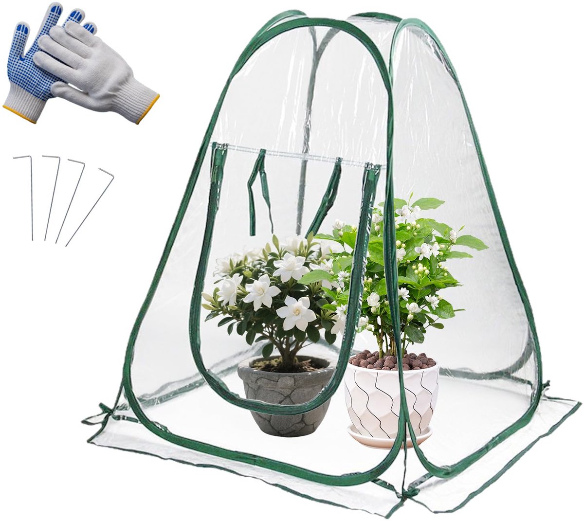 Broeikas 70 x 70 x 80 cm, pvc-overwinteringstent voor planten met bodemnagels, handschoenen en opbergtas, kleine broeikas voor groenten, bloemen en potplanten, winterbescherming planten