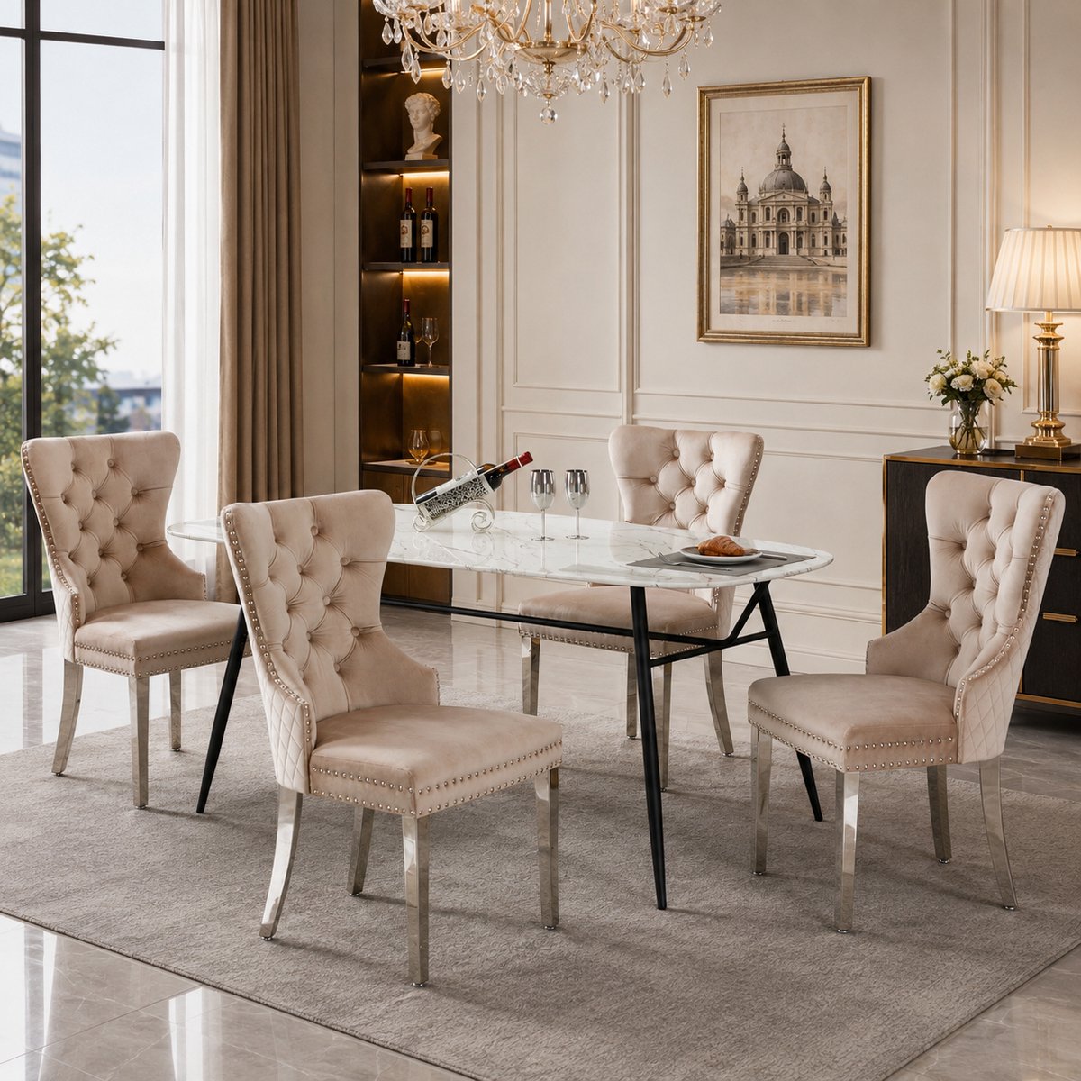 Eetkamerstoelen - Set Van 4 - Gestoffeerde eetkamerstoel - Eettafelstoel - Eetkamerstoelen - Met rugleuning - Fluweel - Metalen stoelpoten - Middeleeuwse Stijl - Beige