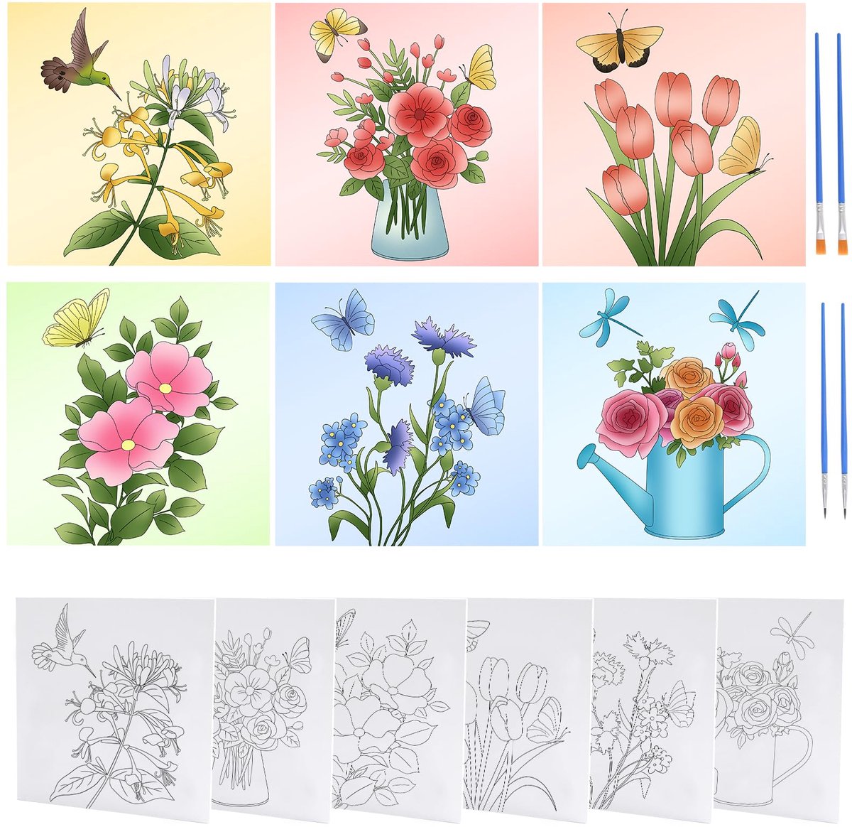 doeken, 6 stuks bloemen thema voorgetekend canvas voor schilderen voorbedrukt schilderij canvas met borstels voor feest doe-het-zelf cadeau