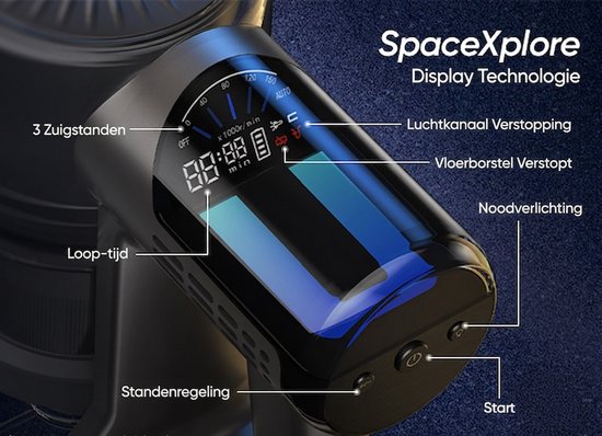 Detail van het display van de SpaceXlore stofzuiger met zuigstanden, loop-tijd en meldingen.