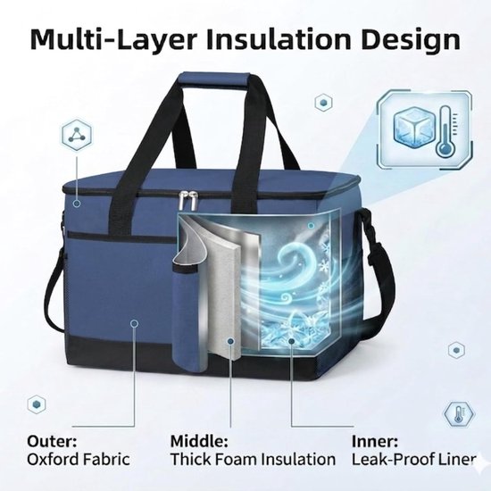 Geïsoleerde lunchtas - Geïsoleerde Koeltas - Handvat Riem - Picknicktas - Opvouwbare thermotas van Oxford stof - Lekvrij en Waterdicht - Voor Kantoor Camping Picknick Reizen - 40 x 25 x 29 CM - Marineblauw van PZCC — afbeelding 5
