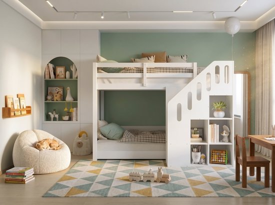 Stapelbed 90x200 cm met Trap en Opbergruimte - Kinderstapelbed met Kast, Opbergvakken, Veiligheidsrails - Massief Hout - Wit