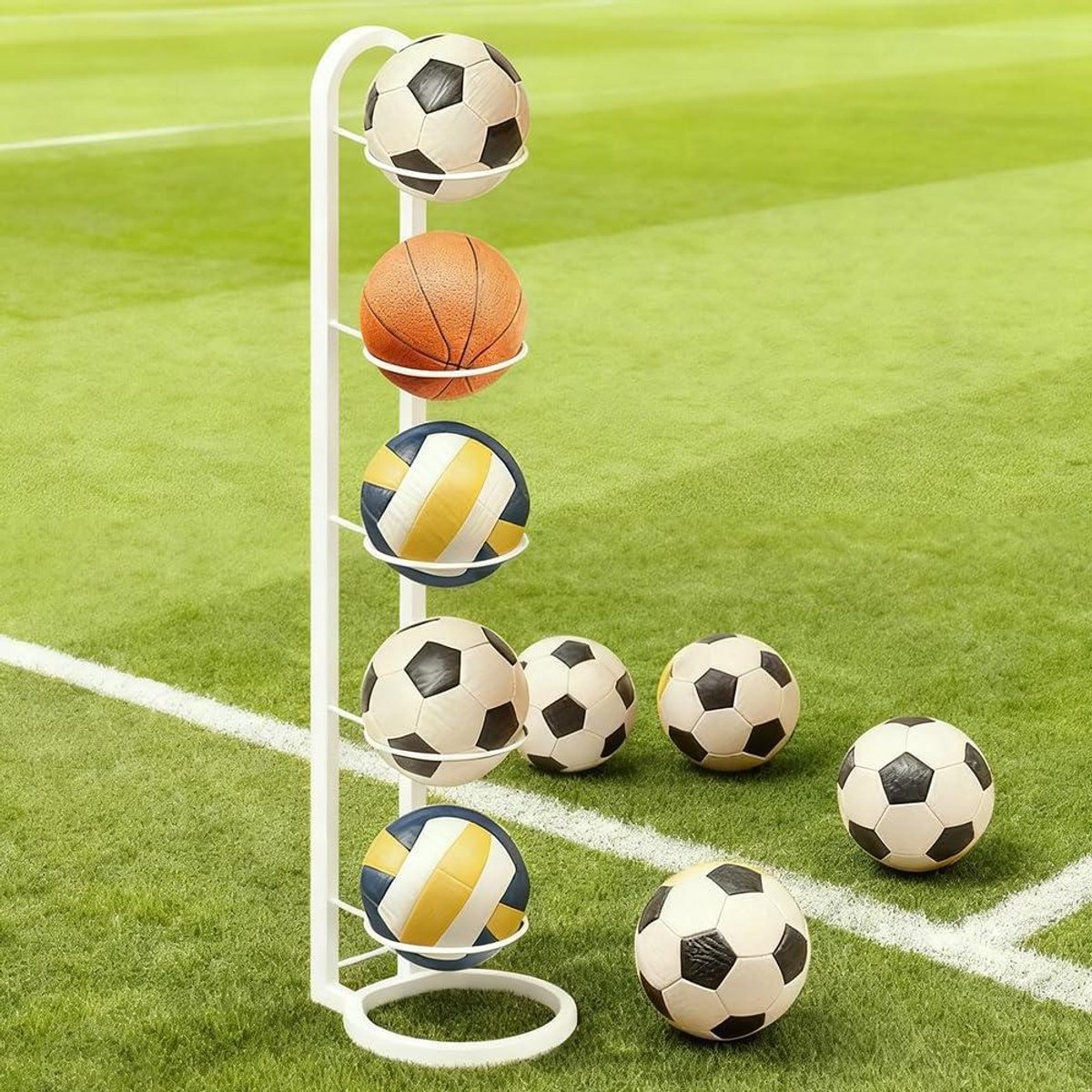 Balstandaard - Ballenrek Opberger - Sportballen Opbergen - 5-traps Ontwerp - 1155 cm Hoog - Wit