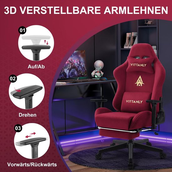 Gamingstoel met Voetensteun - Ergonomische Stoel - Comfortabel Zitten - Ademend Imitatie Suede - 90-155 graden rugleuning - Wijnrood — afbeelding 4